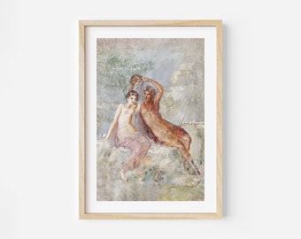 May include: A framed painting depicting a mythological scene with a woman and a satyr. The woman is wearing a flowing purple robe and the satyr is holding a bunch of grapes. The painting is set against a backdrop of a landscape with trees and mountains.