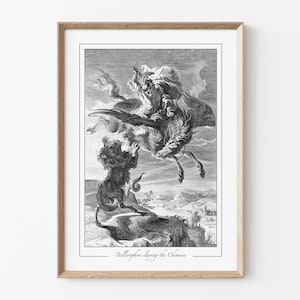 Stampa Bellerofonte e Pegaso, Poster Giclée della mitologia greca, Arte dell'incisione vintage, Decorazione della parete del Mostro Chimera, Casa dell'Accademia Oscura
