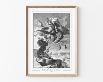 Bellerophon and Pegasus Print, Greek Mythology Giclée Poster, Vintage Engraving Etching Art, Chimera Monster Wall Decor, Dark Academia Home