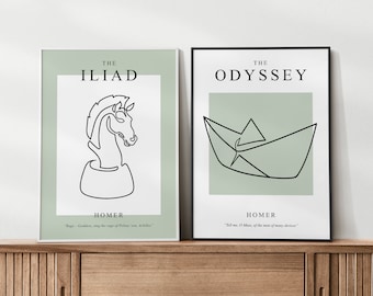 Puede incluir: Dos impresiones minimalistas enmarcadas en negro con fondos verdes. La impresión de la izquierda presenta un dibujo lineal de una cabeza de caballo, titulada "La Ilíada" con el autor "Homero" y la cita "Furia, diosa, canta la furia del hijo de Peleo, Aquiles." La impresión de la derecha presenta un dibujo lineal de un barco de papel, titulado "La Odisea" con el autor "Homero" y la cita "Dime, oh Musa, del hombre de muchos artificios."