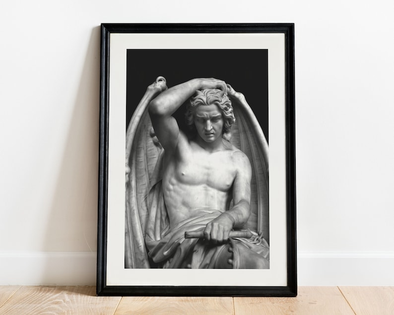 Guillaume Geefs's Le génie du mal (1848) — Lucifer in chains, stripped crown and broken sceptre, single tear from his left eye. The Lucifer of Liège, Liège Cathedral, Belgium. Archival fine art photography giclée print.
