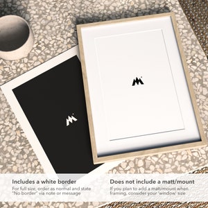 May include: Two framed prints, one with a white border and one without. Both prints feature a simple black and white graphic of a mountain with a star on top. The text "Includes a white border" is below the print on the left, and the text "Does not include a matt/mount" is below the print on the right.