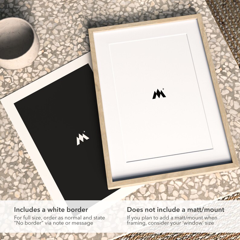 May include: Two framed prints, one with a white border and one without. Both prints feature a simple black and white graphic of a mountain with a star on top. The text "Includes a white border" is below the print on the left, and the text "Does not include a matt/mount" is below the print on the right.