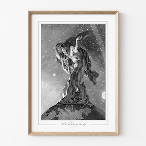 Atlas hält Himmel Druck, griechische Mythologie Wanddekor, Vintage Gravur Giclée Kunst, antikes Griechenland Titan Gott Poster, dunkle Academia Home