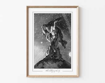 Atlas Holding Sky Print, Greek Mythology Wall Decor, Vintage Engraving Giclée Art, Ancient Greece Titan God Poster, Dark Academia Home
