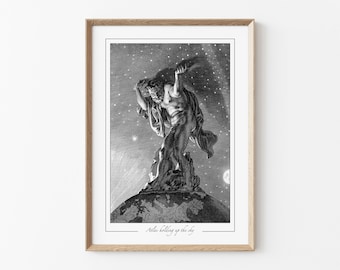 Atlas Holding Sky Print, Greek Mythology Wall Decor, Vintage Engraving Giclée Art, Ancient Greece Titan God Poster, Dark Academia Home