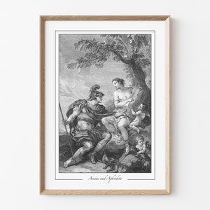 Stampa di Enea e Afrodite, Decorazione murale della mitologia greca, Arte Giclée con incisioni vintage, Poster della storia della dea dell'Olimpo, Casa dell'Accademia Oscura