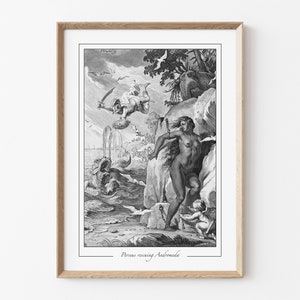 Perseus rettet Andromeda Druck, Wanddekoration der griechischen Mythologie, Vintage Gravur Giclée-Kunst, Mythisches Seeungeheuer Poster, Dark Academia Home