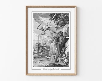 Perseus saving Andromeda Print, Greek Mythology Wall Decor, Vintage Engraving Giclée Art, Mythical Sea Monster Poster, Dark Academia Home