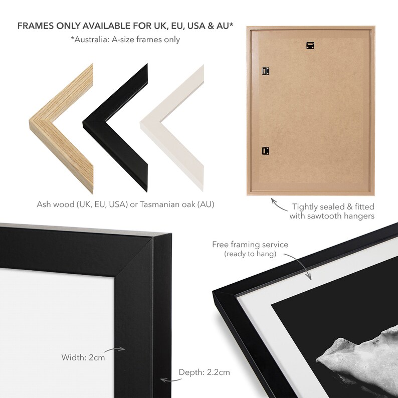 Puede incluir: Un marco de fotos negro con un ancho de 2 cm y una profundidad de 2,2 cm. El marco est&aacute; hecho de madera de fresno y est&aacute; disponible en negro, blanco o madera natural. El marco est&aacute; listo para colgar y viene con colgadores de dientes de sierra.