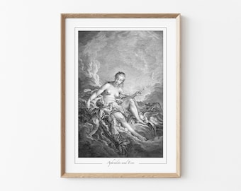 Aphrodite Eros Print, Vintage Engraving, Greek Mythology Love Goddess Wall Art