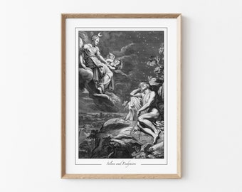 May include: Black and white framed print of a classical engraving depicting Selene and Endymion. The artwork shows a celestial scene with figures, clouds, and stars. The print is in a wooden frame.