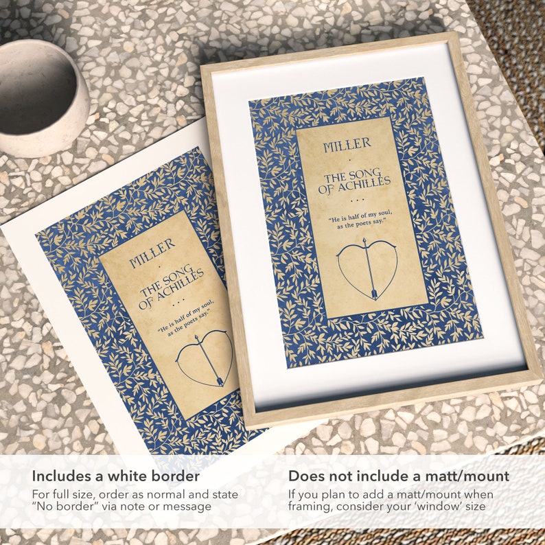 May include: A printable digital download of a book cover for "The Song of Achilles" by Madeline Miller. The cover features a blue and gold floral pattern with a heart and arrow design. The text "MILLER" and "THE SONG OF ACHILLES" is printed in gold.