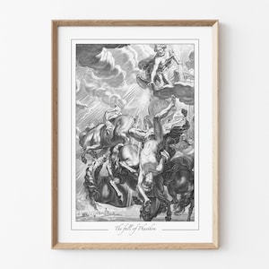 Zeus schlägt Phaethon Poster, Griechische Mythologie Wanddekor, Vintage Gravur Giclée Art, Hellenischer Polytheismus Poster, Dark Academia Gothic