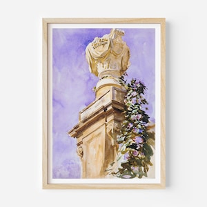 Jardín cerca de Lucca Impresión, Cartel Giclée de acuarela, Arte de John Singer Sargent, Decoración de la pared de Italia, Jarrón de piedra renacentista, Villa de flores de la Toscana