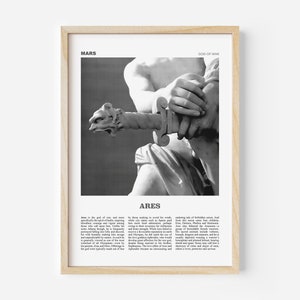 Stampa giclée di Ares, poster di Dio della guerra, arte della parete della mitologia greca, statua romana di Marte, decorazioni per la casa del mondo accademico oscuro, spada olimpica della storia antica