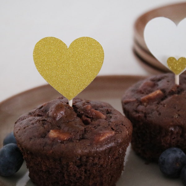 Muffin Cupcake Herz Topper 6 Stück Deko Heart Gold Glitzer