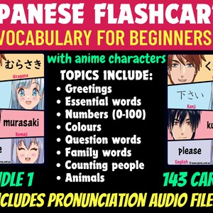 Japanese Vocabulary Cards with Anime Characters and Authentic Japanese Pronunciation Audio Files_BUNDLE 1_DIGITAL DOWNLOAD
