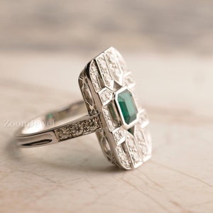 Art Deco Handmade Ring| Edwardian Wedding Ring| Vintage Emerald 14KT White Gold Ring| Estate Cocktails Ring| Art Nouveau Ring Big Ring Woman