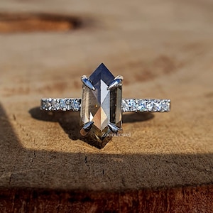 Salt and Pepper Diamond Ring| Elongated Hexagon Cut Engagement Ring| Half Eternity Wedding Ring| Platinum Promise Ring| Pave Setting Ring