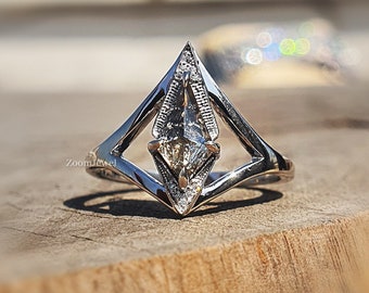 Galaxy Raw Salt and Pepper Diamond Ring, Kite Moissanite Ring, Antique Style Art Deco Ring, Engagement Ring, Wedding Ring, Platinum Ring Her