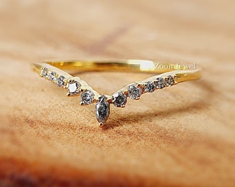 Salt and Pepper Diamond Band| V Shaped Matching Band Perfect For Anniversary Gift| Chevron Midi Knuckle Half Eternity Wedding Band Woman