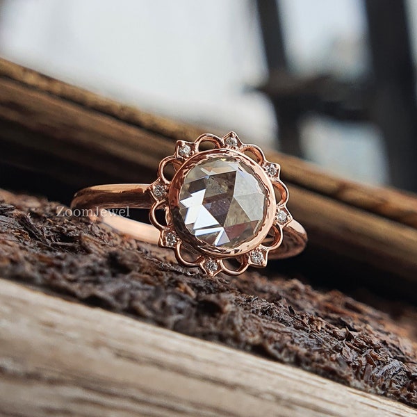 Salt and Pepper Rose Cut Moissanite Engagement Ring, Fancy Cut Diamond Wedding Ring, Minimalist Promise Ring, Rose Gold Anniversary Ring