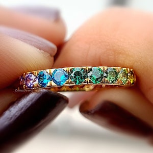 Antique Rainbow Sapphire Diamond Wedding Band Woman| Multi Gemstone Matching Wedding Band| Gradient Ombre Stackable Eternity Band For Her