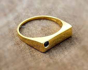 Men Gold Onyx Ring, Handmade Signet Ring, Men Bar Ring, Vintage Gold Ring, Black Stone Ring, Geometric Wedding Ring For Men Anniversary Gift