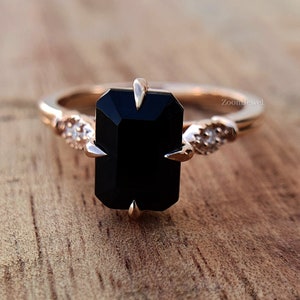 2 CT Emerald Cut Black Onyx Engagement Ring| Diamond Cluster Vintage Ring| Rose Gold Engagement Ring| Black Diamond Bridal Ring Gift Women