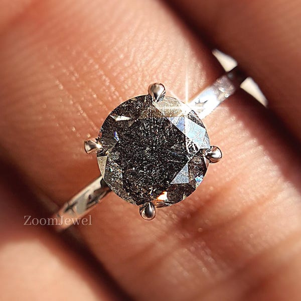 Vintage Salt and Pepper Diamond Ring, Star Wedding Band Ring, Antique Salt and Pepper Solitaire Diamond Ring, 14k Solid Gold Engagement Ring