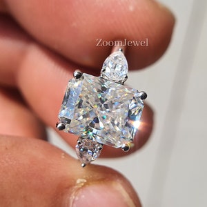 Unique Radiant Cut Three Stone Ring- Side Pear Moissanite Diamond Engagement Ring- Proposal Wedding Ring- 14KT Solid Gold Promise Ring Woman