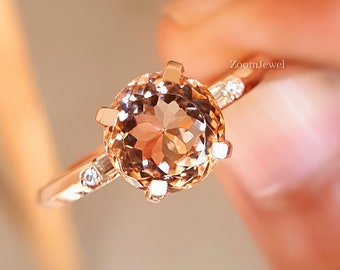 2.50 Carat Portuguese cut Morganite Engagement Ring,  portuguese Diamond Ring, 14K/18K Rose Gold Ring, Art Deco Ring, Vintage baguette Ring