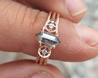 Elongated Hexagon Salt and Pepper Engagement Ring, Salt Diamond Split Shank Ring, Bridal Stacking Ring, Vintage Wedding Ring, Geometric Ring