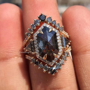 Salt and Pepper Ring Set, Handmade Diamond Ring Set, Ring Enhancer, Claw Prong Wedding Ring, Hexagon Salt and Pepper Diamond Ring, Art Deco