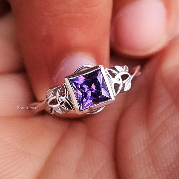 Anello celtico da donna/Anello in argento con alessandrite/Anello con pietra preziosa viola/Anello con motivo a foglia/Anello con diamante quadrato/Anello con castone/Pietra portafortuna di febbraio