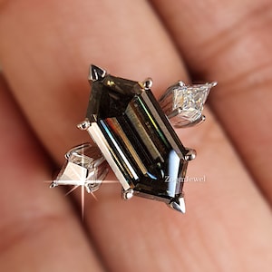 Antique Elongated Hexagon Cut Ring| Kite Shaped Ring| Colored Moissanite 3 Stone Wedding Ring| Long Cut Ring| Vintage Diamond Ring For Women