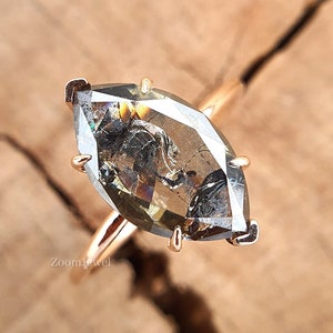Marquise Salt and Pepper Diamond Ring, Simple Wedding Ring, Galaxy Diamond Engagement Ring, Vintage Moissanite Ring, Unique 6 Prong Ring