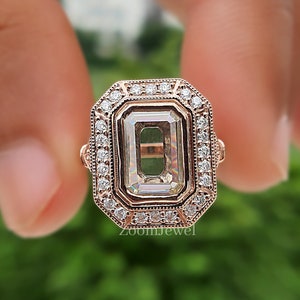 Art Deco Ring, Portrait Cut Diamond Ring, Vintage Ring, Handmade Ring, Halo Engagement Ring, Big Ring For Women, Rose Gold Wedding Ring