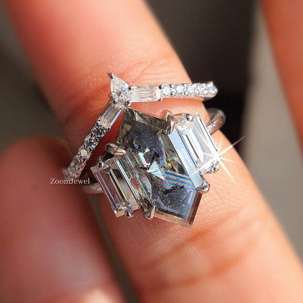 Hexagon Salt and Pepper Ring Set| Unique Engagement Bridal Set| Moissanite Bridal Set| Art Deco Diamond Two Piece Jewelry For Women| V Bands