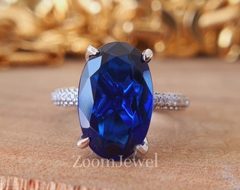 4.48Ctw Sapphire Wedding Ring, Oval Cut, Blue Gemstone, Sterling Silver Ring, September Birthstone Rings, Hidden Halo Diamond Ring, Jewelry