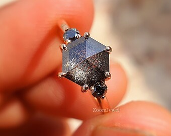 Anel de diamante com sal e pimenta de moissanita preta, anel exclusivo em formato hexagonal, anel com três pedras em estilo antigo, anel de ouro simples para casamento feminino