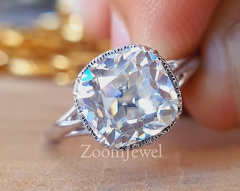 2.0CT Antique Old Mine Cushion Cut Solitaire Ring Hidden Halo Engagement Ring Art Deco Cathedral Set Diamond Ring Anniversary Gift For Woman