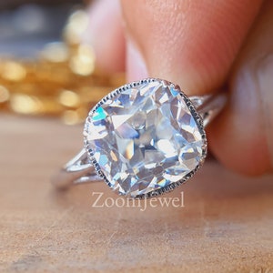 2.0CT Antique Old Mine Cushion Cut Solitaire Ring Hidden Halo Engagement Ring Art Deco Cathedral Set Diamond Ring Anniversary Gift For Woman