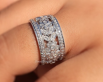 Vintage Wide Wedding Band| Art Deco Moissanite Eternity Ring| Antique Handmade Engagement Band| Filigree Wedding Band| Miligrain Ring Gifts