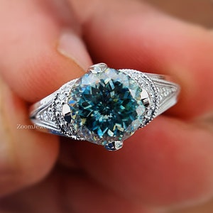 Vintage Blau Portugieser Cut Diamant Verlobungsring, 14k Weißgold Miligrain Solitaire Ring, Antiker Diamant Sterlingsilber Ring Art Deco
