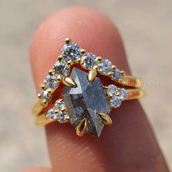 Raw Salt and Pepper Diamond Ring Set| Gray Moissanite Ring| Hexagon Salt and Pepper Ring Set| Antique Style Art Deco Ring| Christmas Gift