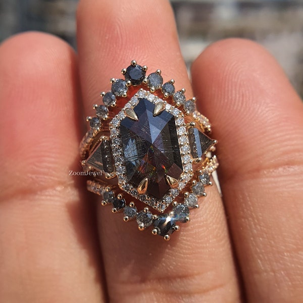 Salt and Pepper Ring Set, Handmade Diamond Ring Set, Ring Enhancer, Claw Prong Wedding Ring, Hexagon Salt and Pepper Diamond Ring, Art Deco