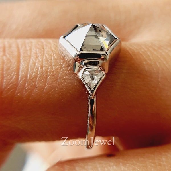 14k Solid Gold Salt and Pepper Diamond Ring, Black Diamond Engagement Ring, Salt and Pepper Diamond Ring, Herkimer Ring, Dainty 3 Stone Ring