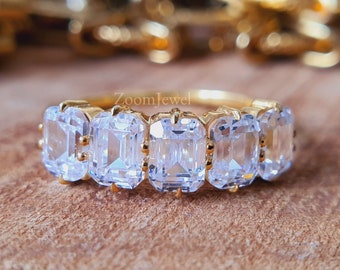 Emerald Cut Diamond Moissanite Engagement Ring Solid Gold Wedding Band, Vintage Ring, Anniversary Ring Bridal Ring Set Emerald Eternity Band